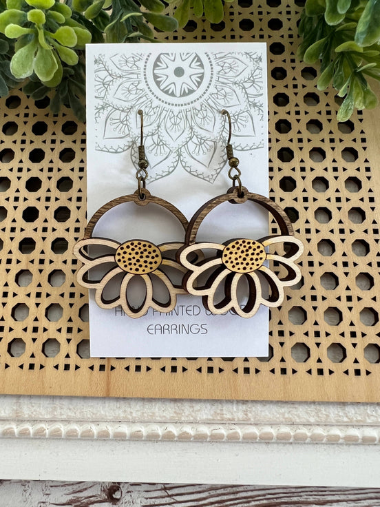 Lightweight hand-painted Daisy Wood Earrings by Seasideblooms featuring natural maple wood with floral design.