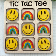 Seasideblooms maple wood Tic Tac Toe board with hand-painted game pieces, showcasing detailed craftsmanship and natural wood grain.