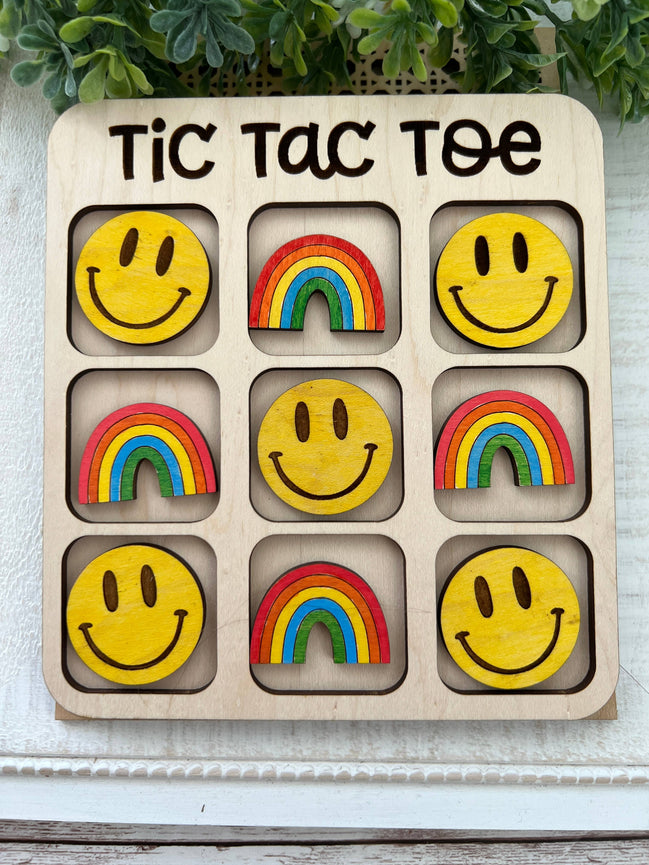 Seasideblooms maple wood Tic Tac Toe board with hand-painted game pieces, showcasing detailed craftsmanship and natural wood grain.
