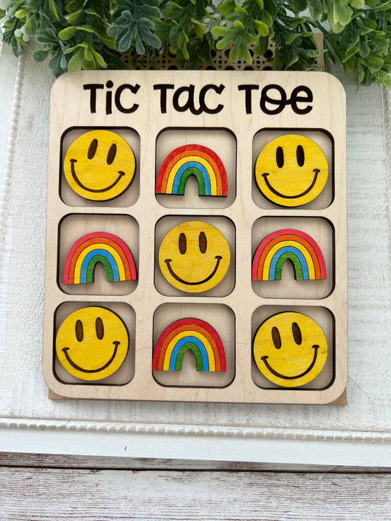 Seasideblooms maple wood Tic Tac Toe board with hand-painted game pieces, featuring natural wood grain and colorful painted details.