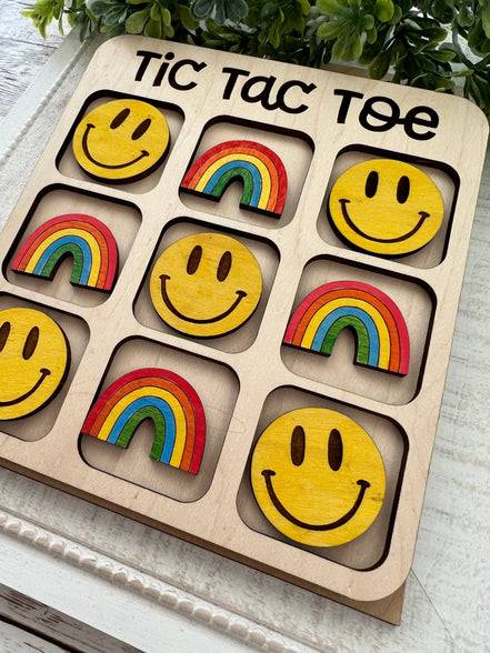 Seasideblooms maple wood tic tac toe board with hand-painted game pieces, featuring natural wood and colorful painted accents.