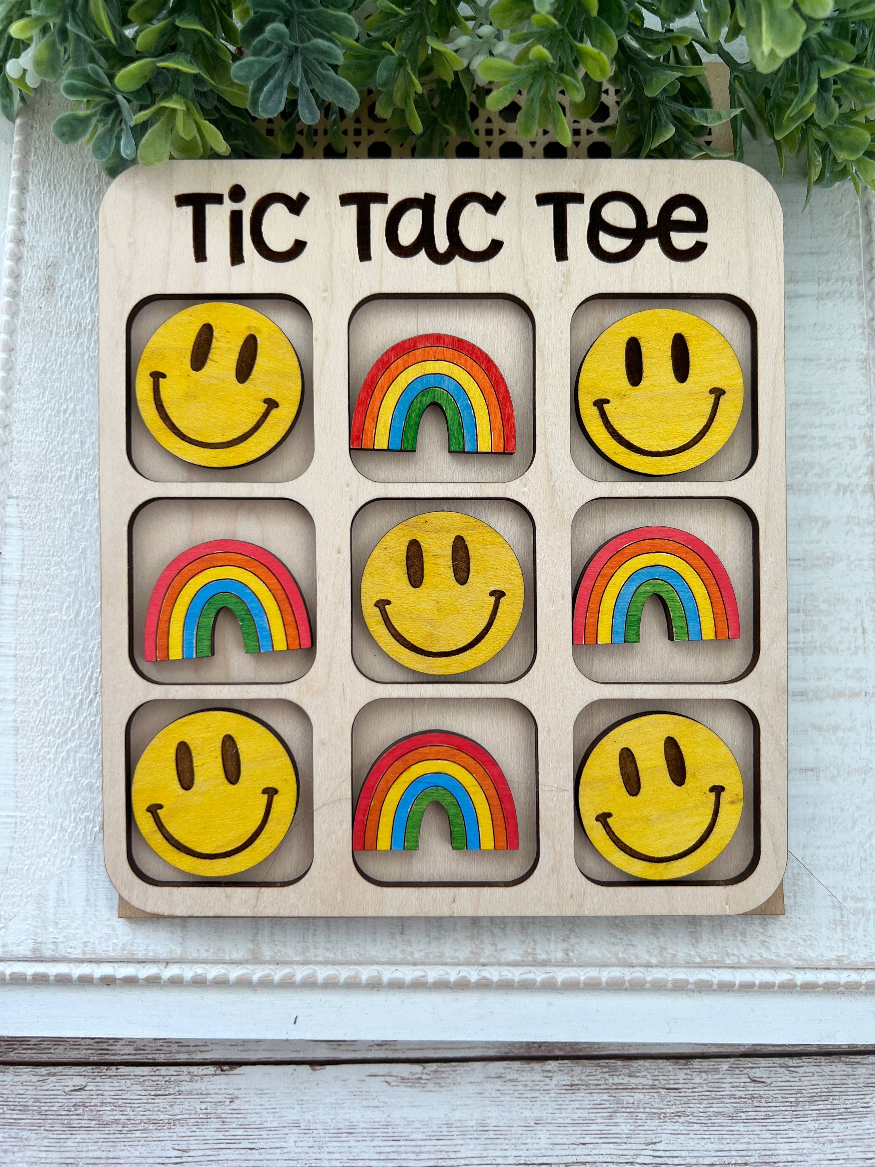 Seasideblooms maple wood Tic Tac Toe board with hand-painted game pieces for a classic, handcrafted game experience.