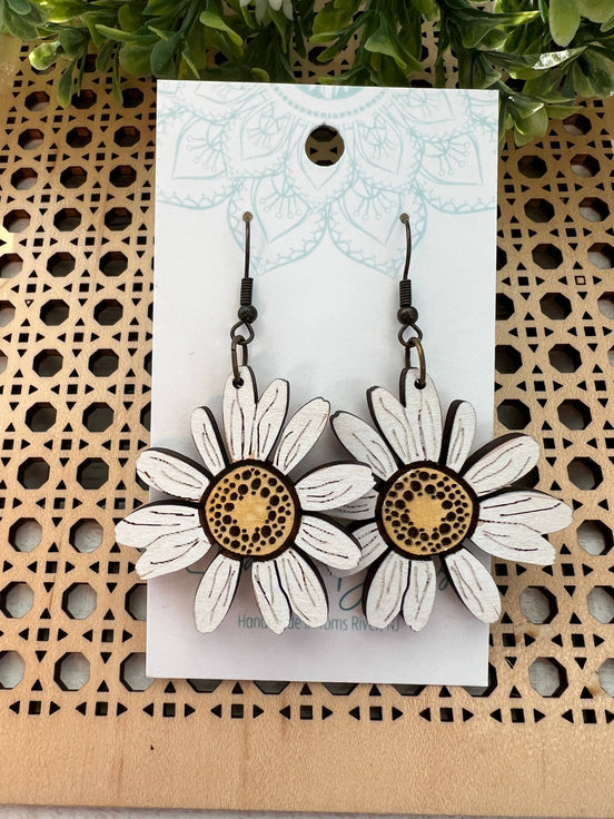 Hand-painted Daisy Maple Wood Earrings by Seasideblooms featuring yellow daisy design, lightweight and natural wood jewelry.