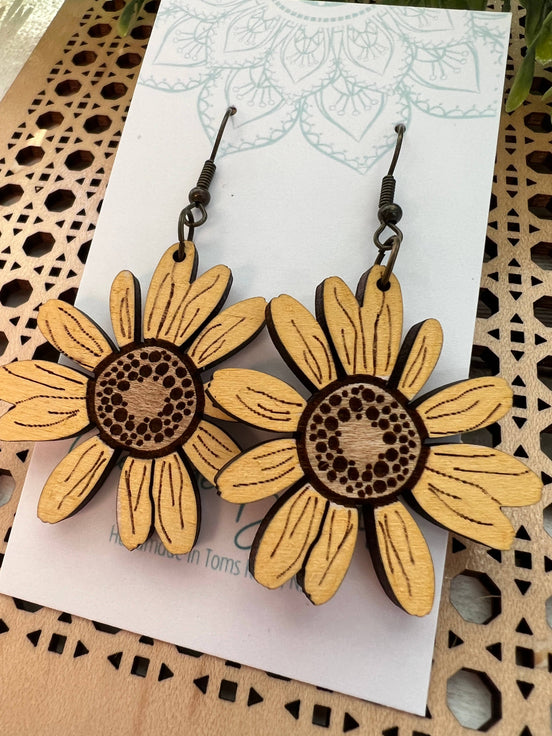 Yellow Daisy Maple Wood Earrings by Seasideblooms, hand-painted lightweight wood jewelry with floral design.
