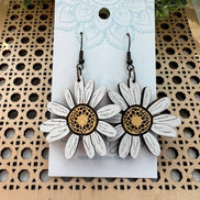 Seasideblooms yellow daisy maple wood earrings, hand-painted, lightweight jewelry with floral design and natural wood finish.