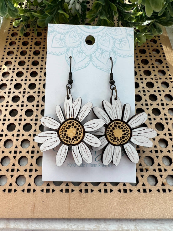 Seasideblooms yellow daisy maple wood earrings, hand-painted, lightweight jewelry with floral design and natural wood finish.