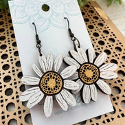Lightweight Daisy Maple Wood Earrings by Seasideblooms, hand-painted yellow daisies, natural wood with floral design.