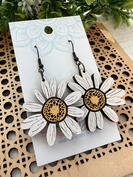 Lightweight Daisy Maple Wood Earrings by Seasideblooms, hand-painted yellow daisies, natural wood with floral design.