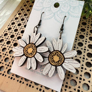 Lightweight yellow Daisy Maple Wood earrings with hand-painted floral design by Seasideblooms.