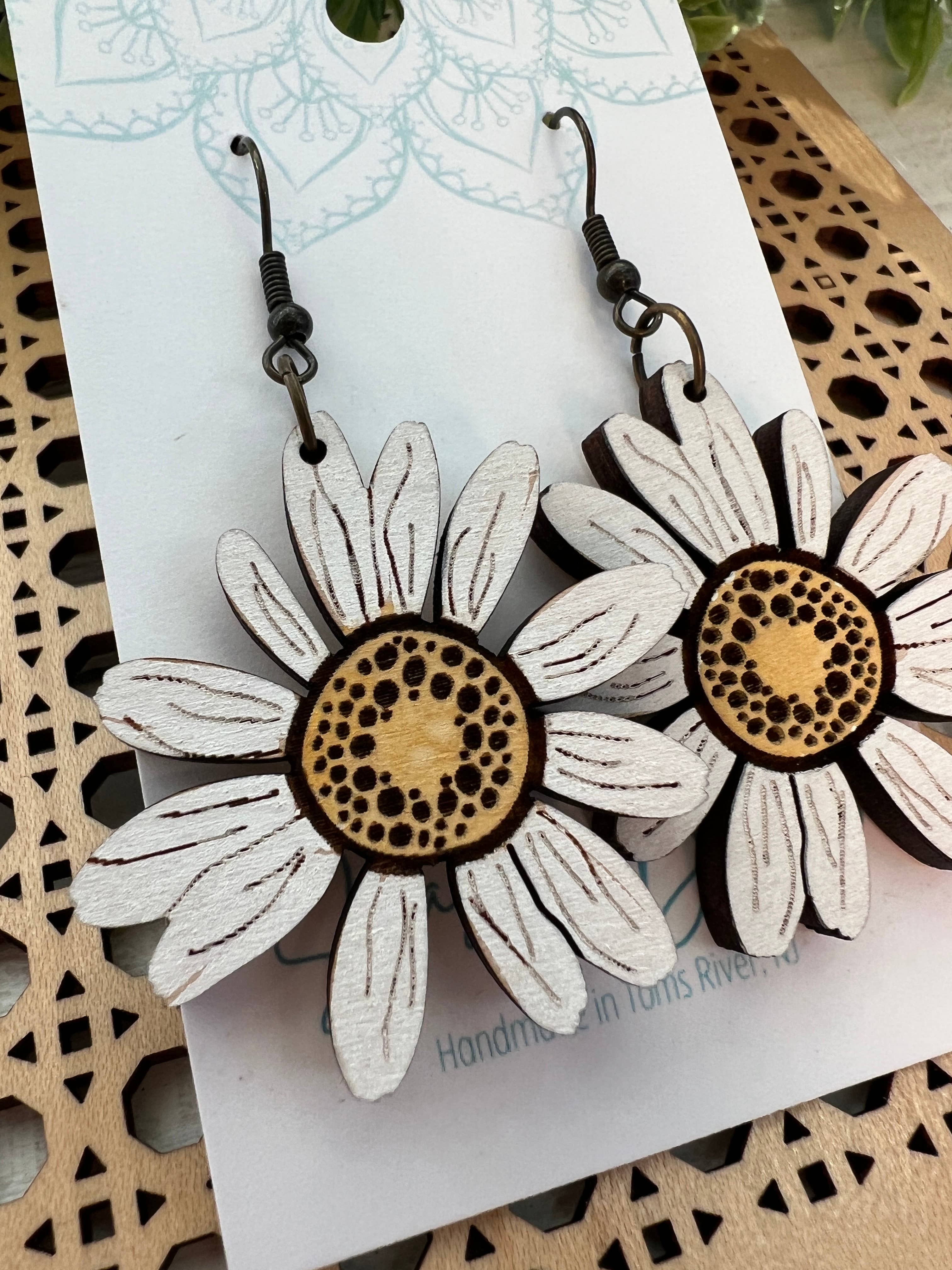Lightweight Daisy Maple Wood Earrings by Seasideblooms featuring hand-painted yellow daisies.