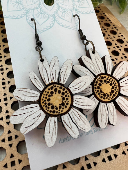 Lightweight Daisy Maple Wood Earrings by Seasideblooms featuring hand-painted yellow daisies.