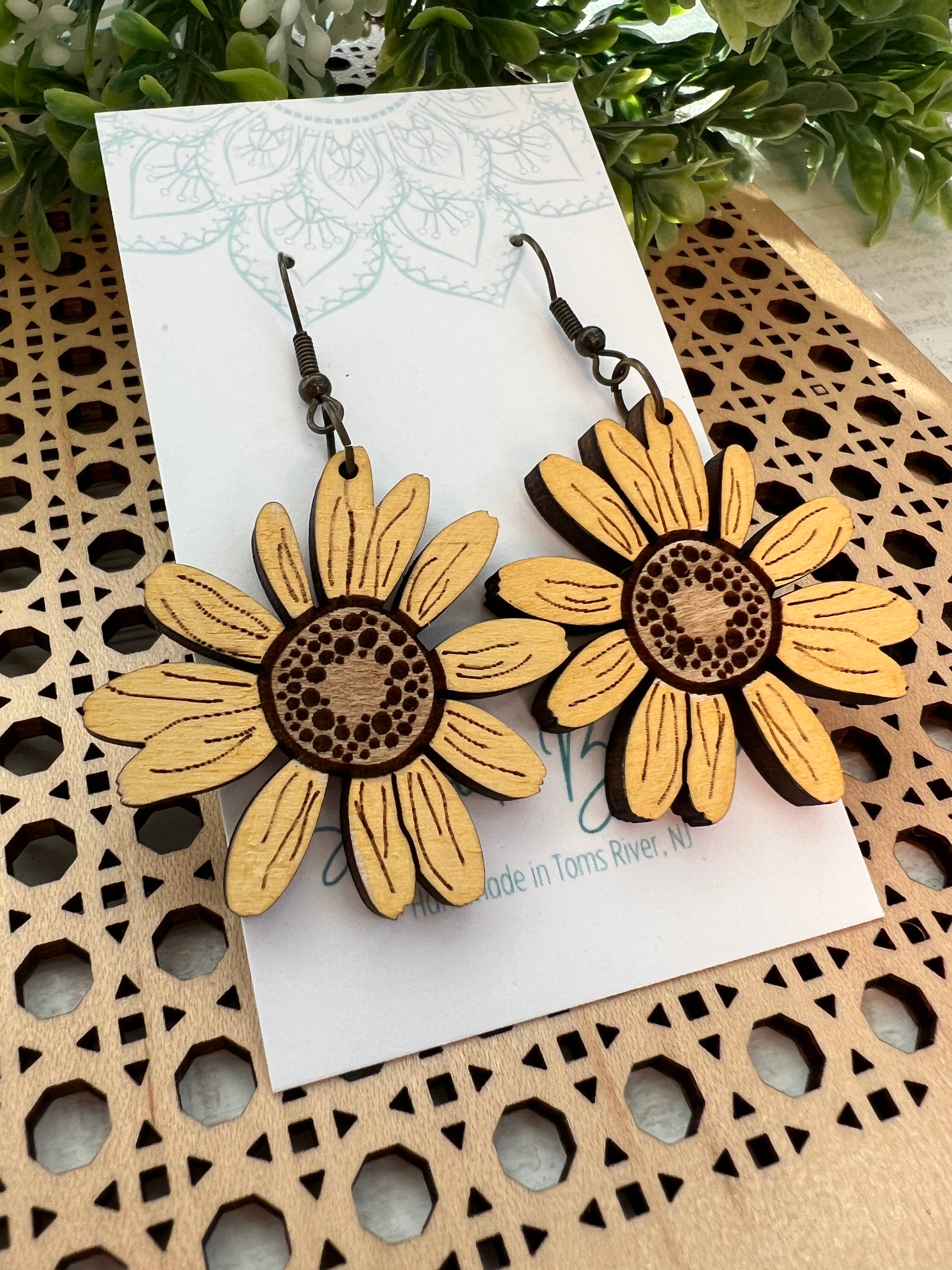 Lightweight Daisy Maple Wood Earrings featuring hand-painted yellow daisies by Seasideblooms.