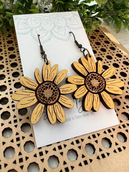 Lightweight Daisy Maple Wood Earrings featuring hand-painted yellow daisies by Seasideblooms.