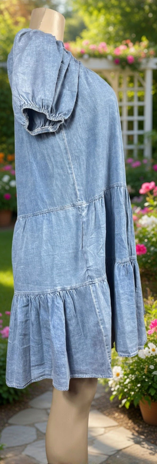 Shopin La denim summer dress displayed on a hanger, featuring a casual sleeveless design with a light blue wash and button front.