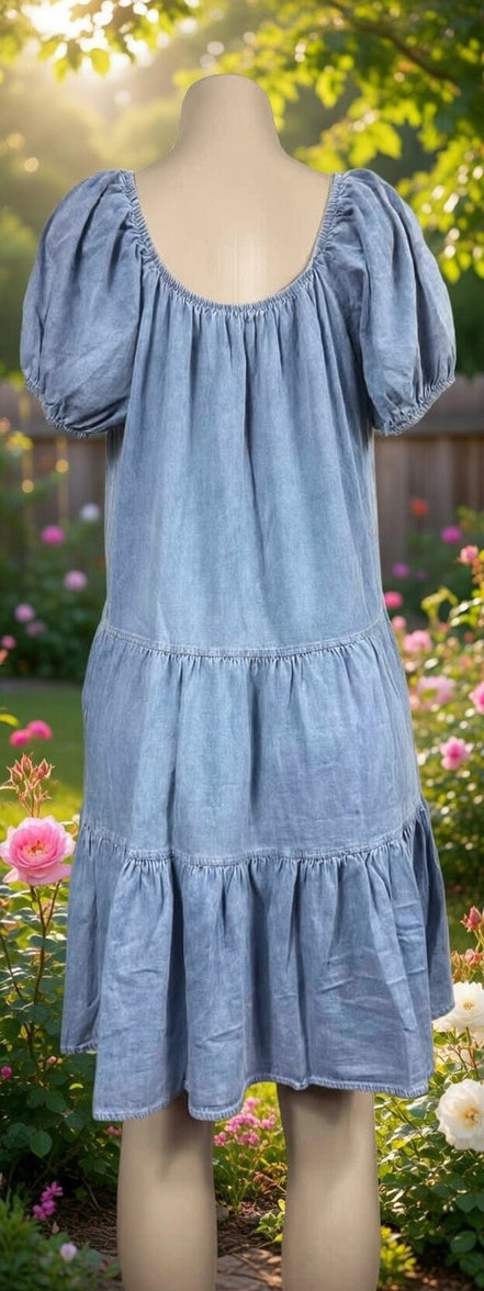 Shopin La denim summer dress with sleeveless design, lightweight fabric, and casual style perfect for warm weather.