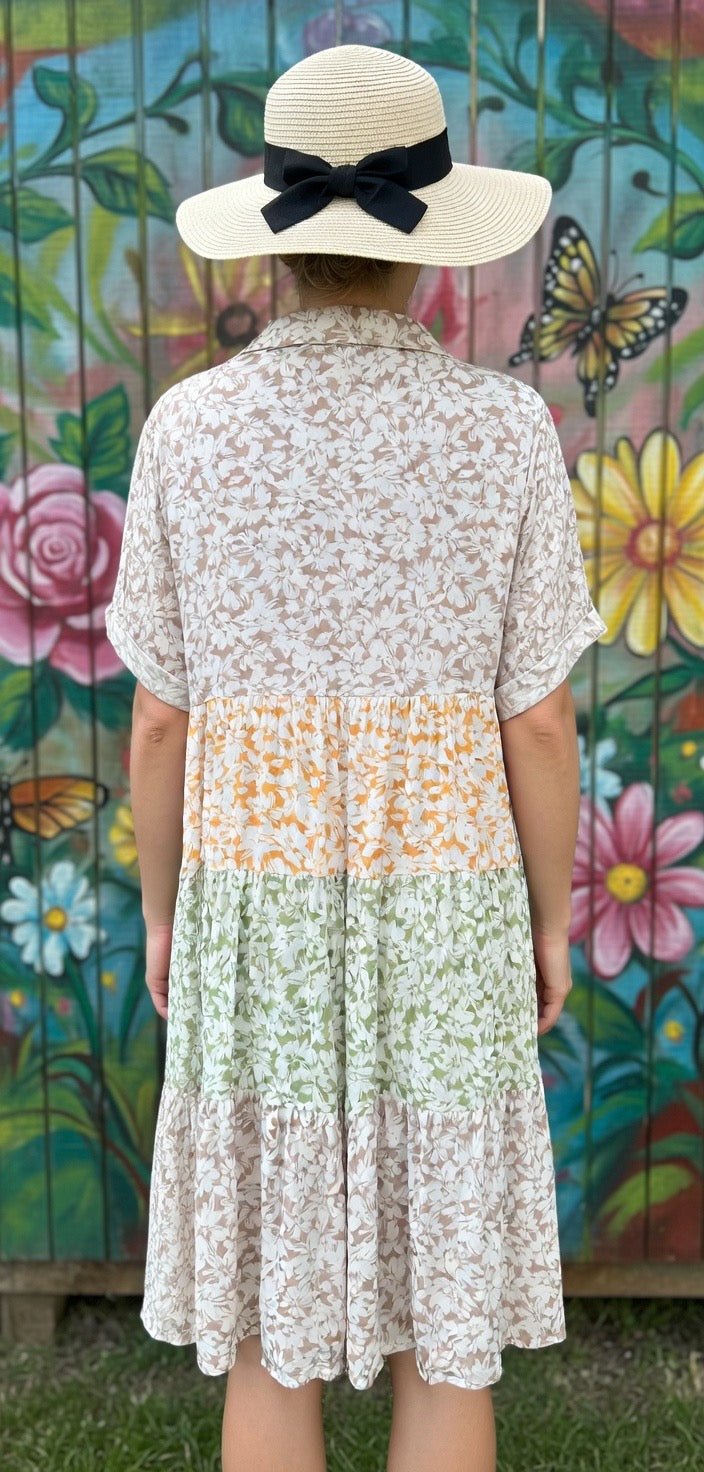 Shopin La floral print loose dress with a relaxed fit, featuring vibrant small floral patterns and flowing fabric.