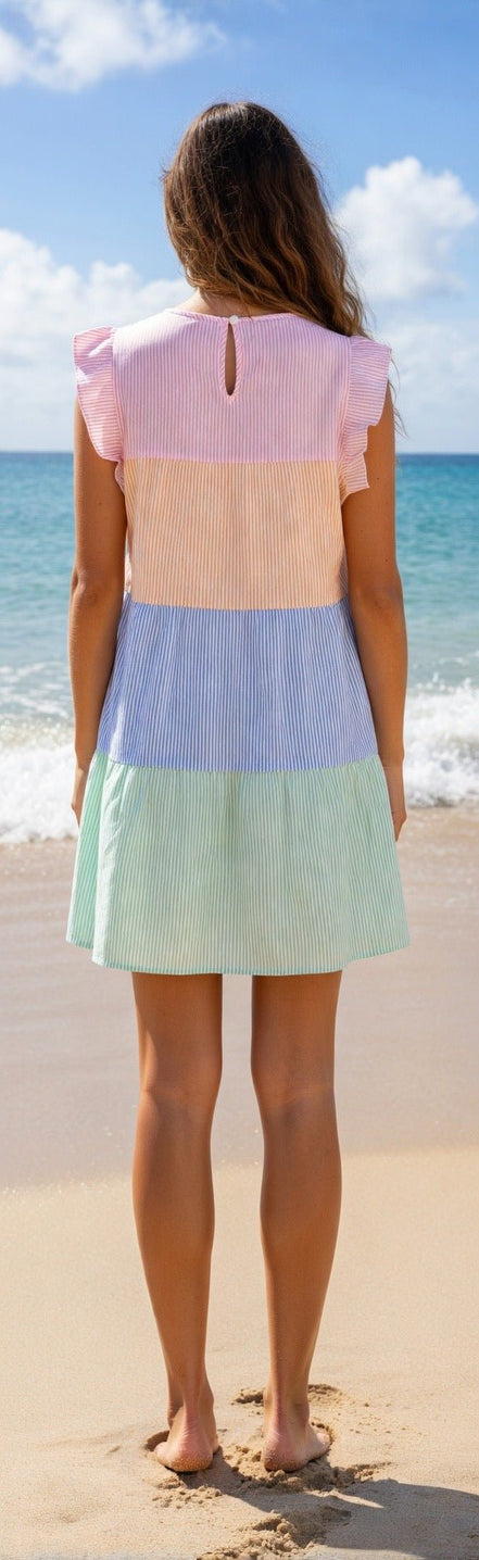 Multi-colored striped sundress by Shopin La featuring lightweight fabric, sleeveless design, and a flowing A-line silhouette.