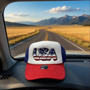 USA embroidered trucker hat by Southern Attitude Designs Inc, featuring a classic mesh back and bold embroidered USA flag design.