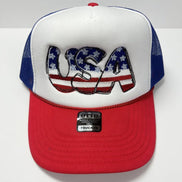 USA embroidered trucker hat by Southern Attitude Designs Inc, featuring patriotic red, white, and blue embroidery with mesh back.