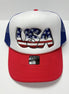 USA embroidered trucker hat by Southern Attitude Designs Inc, featuring patriotic red, white, and blue embroidery with mesh back.