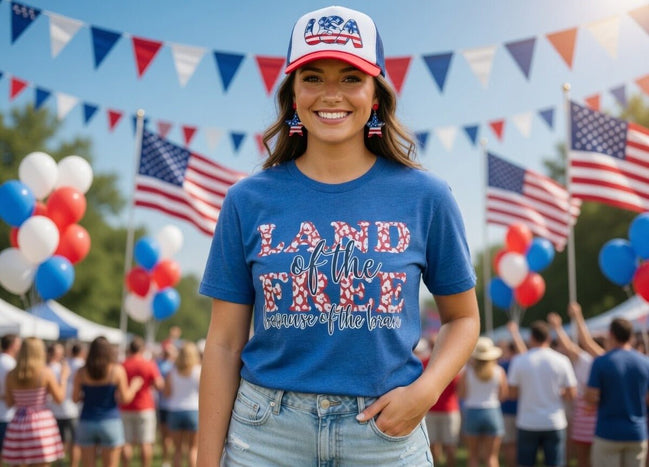 Leopard print patriotic T-shirt featuring American flag design and "Land of the Free" slogan, by Southern Attitude Designs Inc.