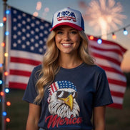 Red, white, and blue Merica Patriotic Tee by Southern Attitude Designs Inc featuring a bold American flag graphic on soft cotton fabric.