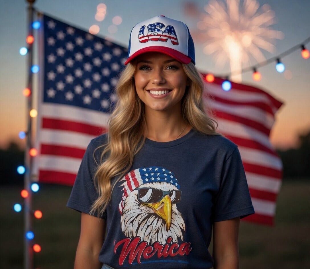 Red, white, and blue Merica Patriotic Tee by Southern Attitude Designs Inc featuring a bold American flag graphic on soft cotton fabric.