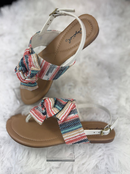 Multicolored Stella Shoes sling back sandals with open toes and ankle straps, featuring vibrant, multicolored woven design.