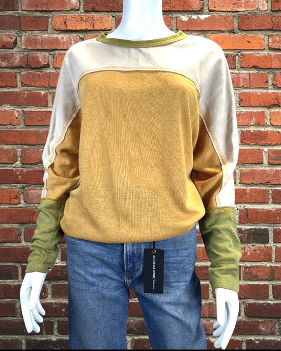 Mustard color block top from Stylish Wholesale, featuring a stylish casual design with contrasting color panels and a comfortable fit.