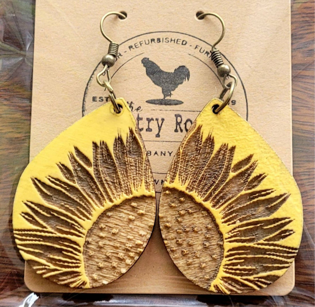 Sunflower teardrop earrings by The Country Roost, yellow floral jewelry with delicate drop design.