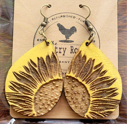 Sunflower teardrop earrings by The Country Roost, yellow floral jewelry with delicate drop design.