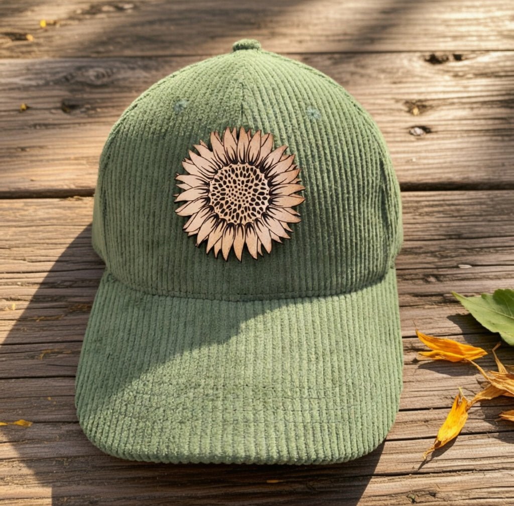 Trendy Tee Co. corduroy cap featuring a sunflower leather patch, stylish and casual accessory for everyday wear.
