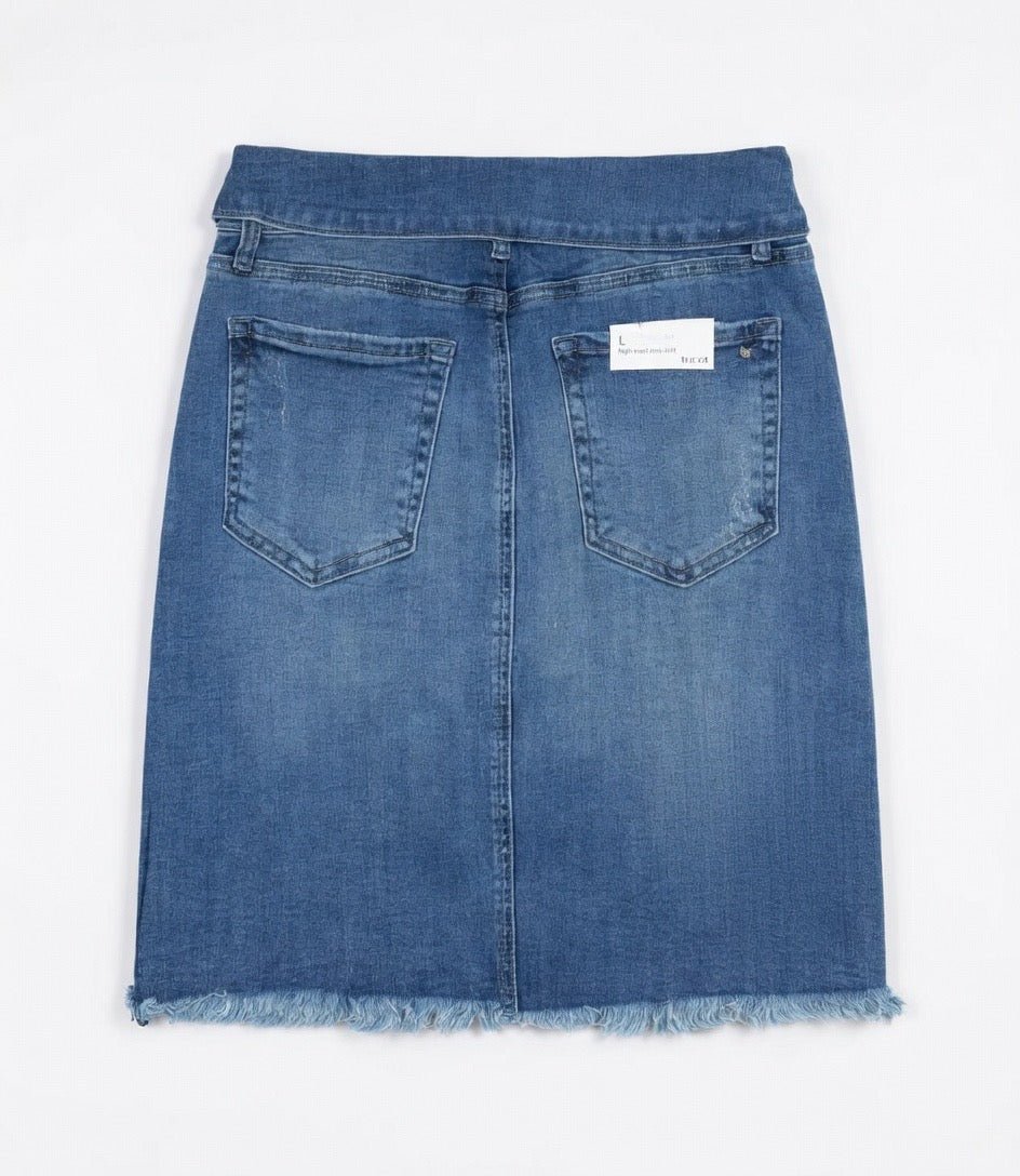 Urban Daisy denim mini skirt featuring a classic cut, medium wash, and stylish short length suitable for casual wear.