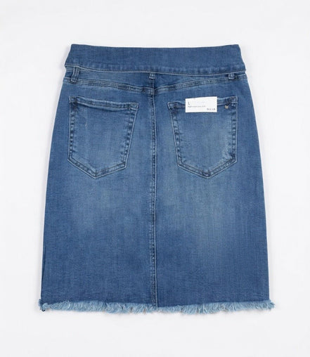 Urban Daisy denim mini skirt featuring a classic cut, medium wash, and stylish short length suitable for casual wear.