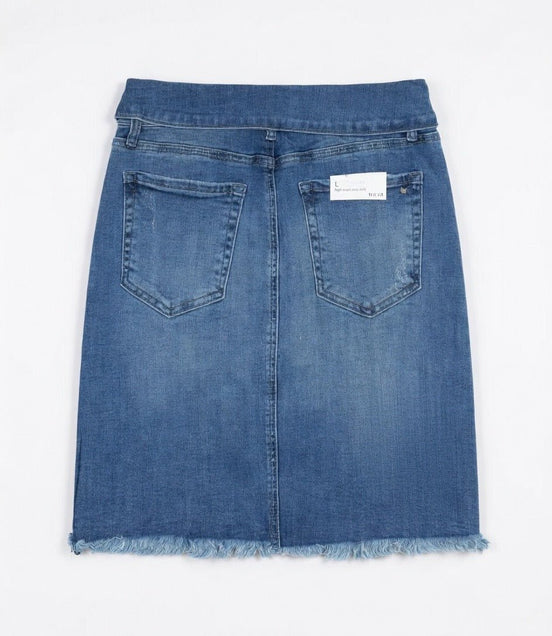 Urban Daisy denim mini skirt featuring a classic cut, medium wash, and stylish short length suitable for casual wear.