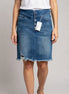 Urban Daisy denim mini skirt shown, featuring classic blue fabric with stylish frayed hem and high-waisted fit.