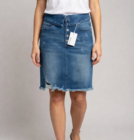 Urban Daisy denim mini skirt shown, featuring classic blue fabric with stylish frayed hem and high-waisted fit.