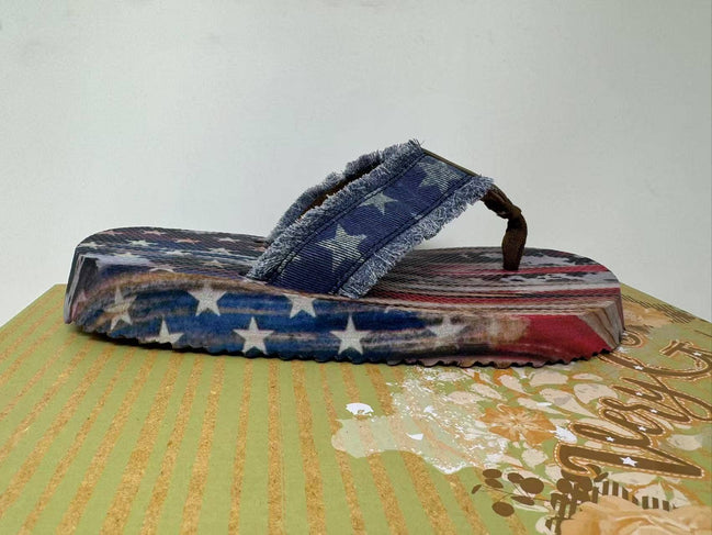 Women's navy flip flops by Very G with USA flag design, featuring comfortable straps and casual summer style.