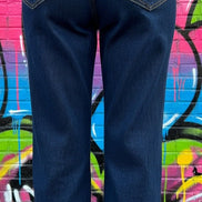 Wisteria Lane straight leg boyfriend fit cuffed jeans in dark denim, showcasing relaxed fit and rolled cuffs on a model.