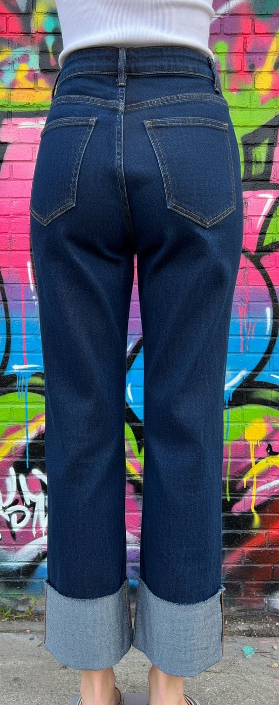 Wisteria Lane straight leg boyfriend fit cuffed jeans in dark denim, showcasing relaxed fit and rolled cuffs on a model.
