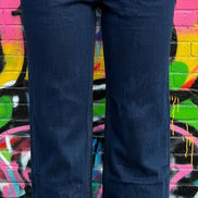Wisteria Lane straight leg boyfriend fit cuffed jeans in dark denim, casual denim pants with relaxed fit and rolled cuffs.