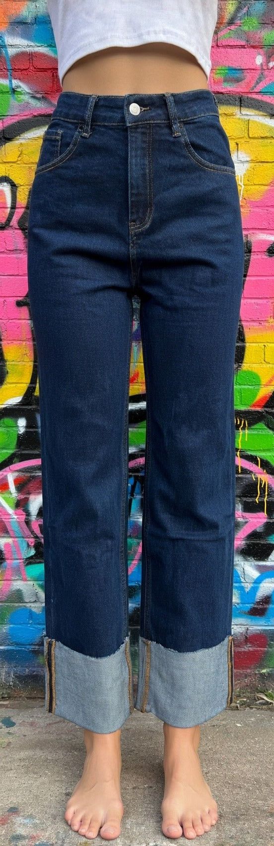 Wisteria Lane straight leg boyfriend fit cuffed jeans in dark denim, casual denim pants with relaxed fit and rolled cuffs.