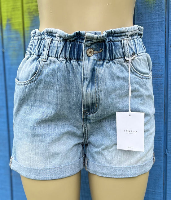 KanCan denim shorts with frayed hems and classic five-pocket design, casual summer style.