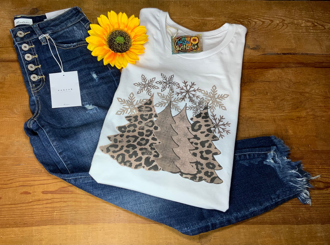 MidWest Tees Christmas Tree and Snowflakes graphic T-shirt featuring festive holiday design on soft cotton top.