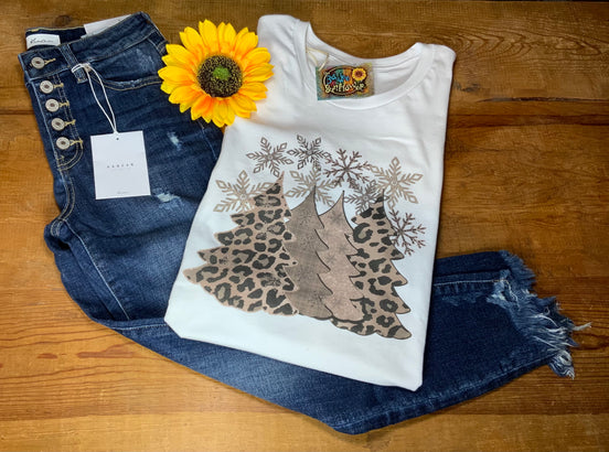 MidWest Tees Christmas Tree and Snowflakes graphic T-shirt featuring festive holiday design on soft cotton top.